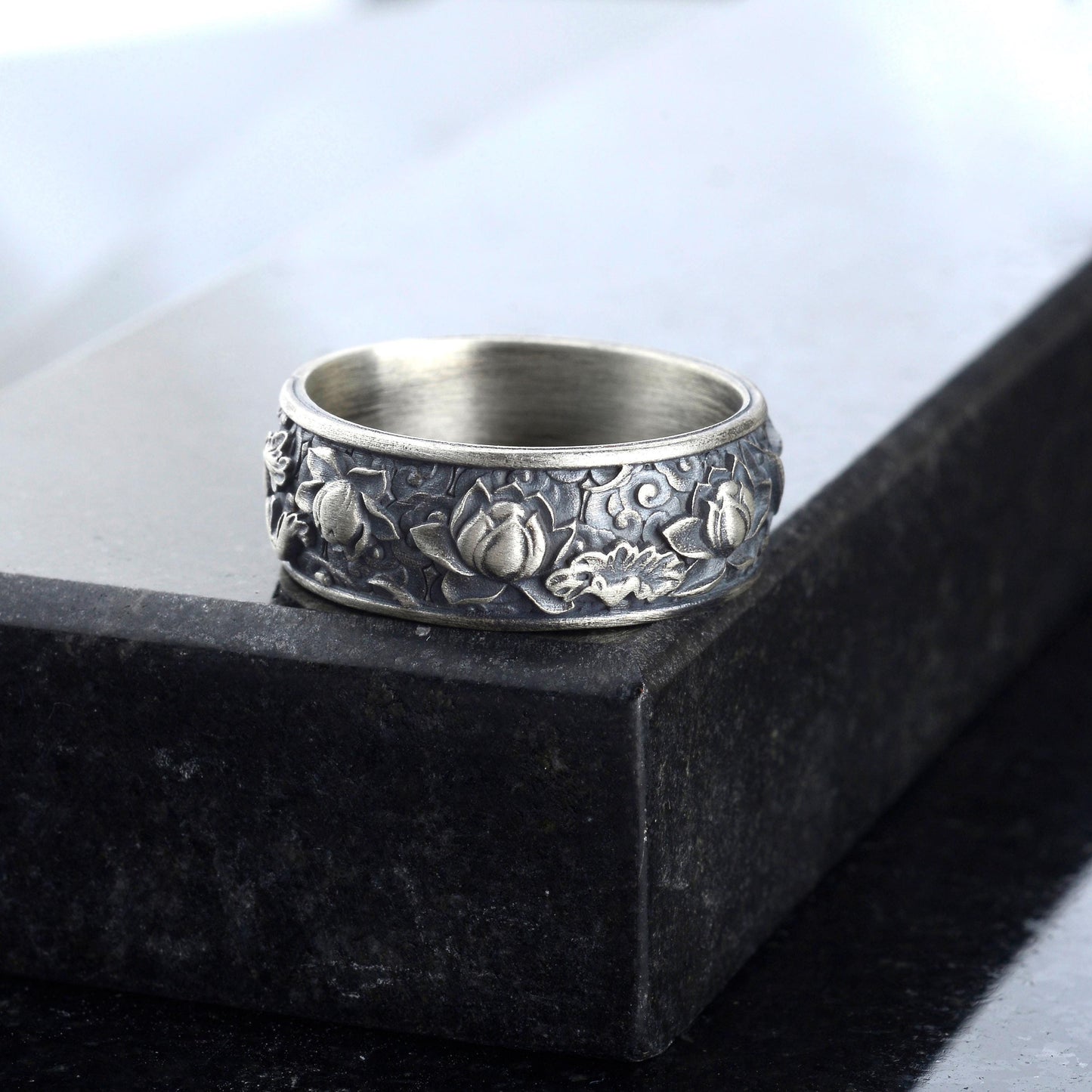 Sterling Silver Plated Lotus Ring, Botanic Floral Band