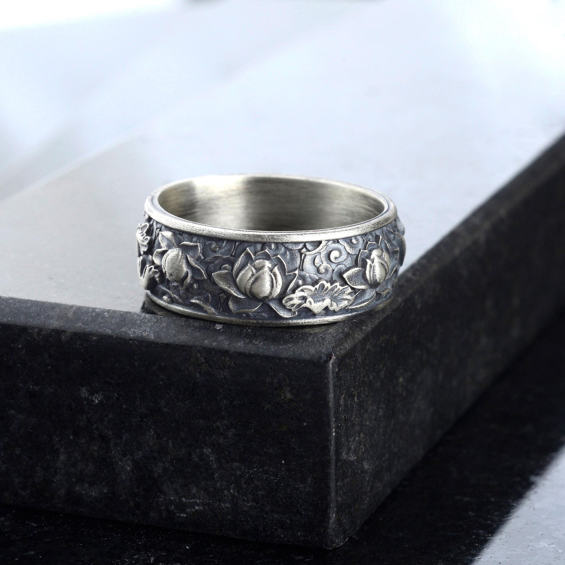 Sterling Silver Plated Lotus Ring, Botanic Floral Band