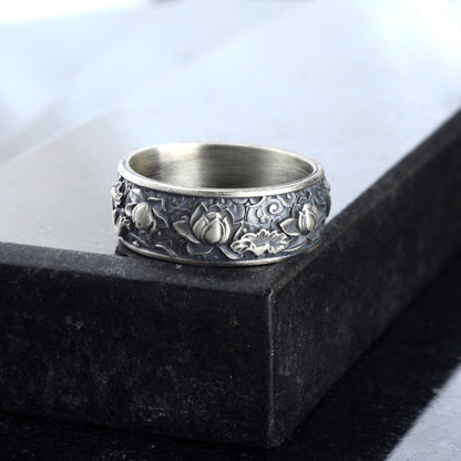 Sterling Silver Plated Lotus Ring, Botanic Floral Band