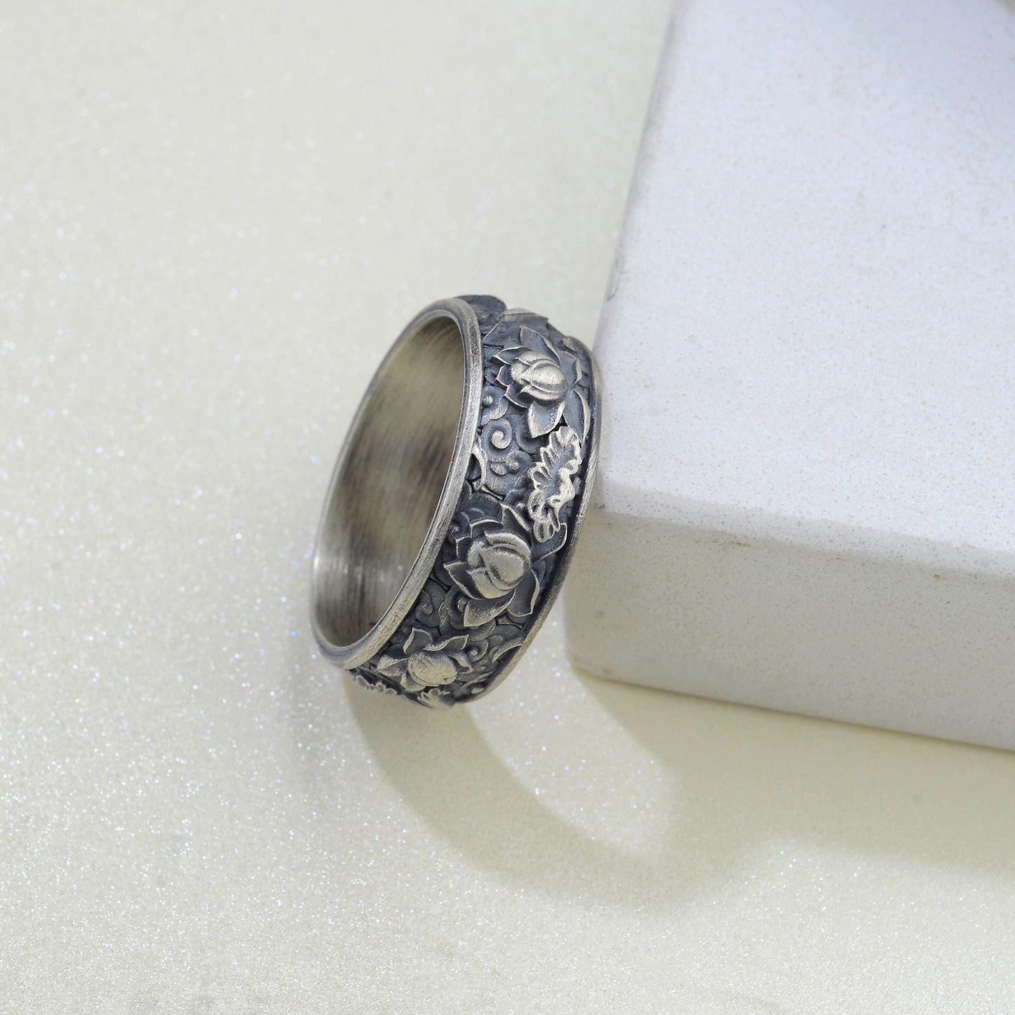 Sterling Silver Plated Lotus Ring, Botanic Floral Band