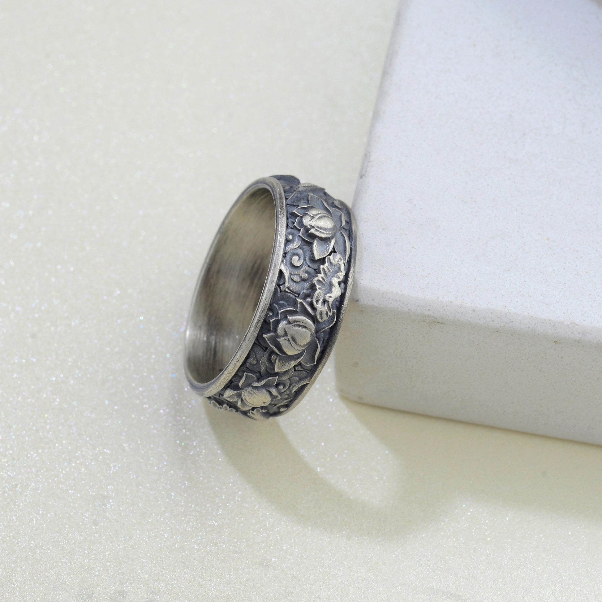 Sterling Silver Plated Lotus Ring, Botanic Floral Band