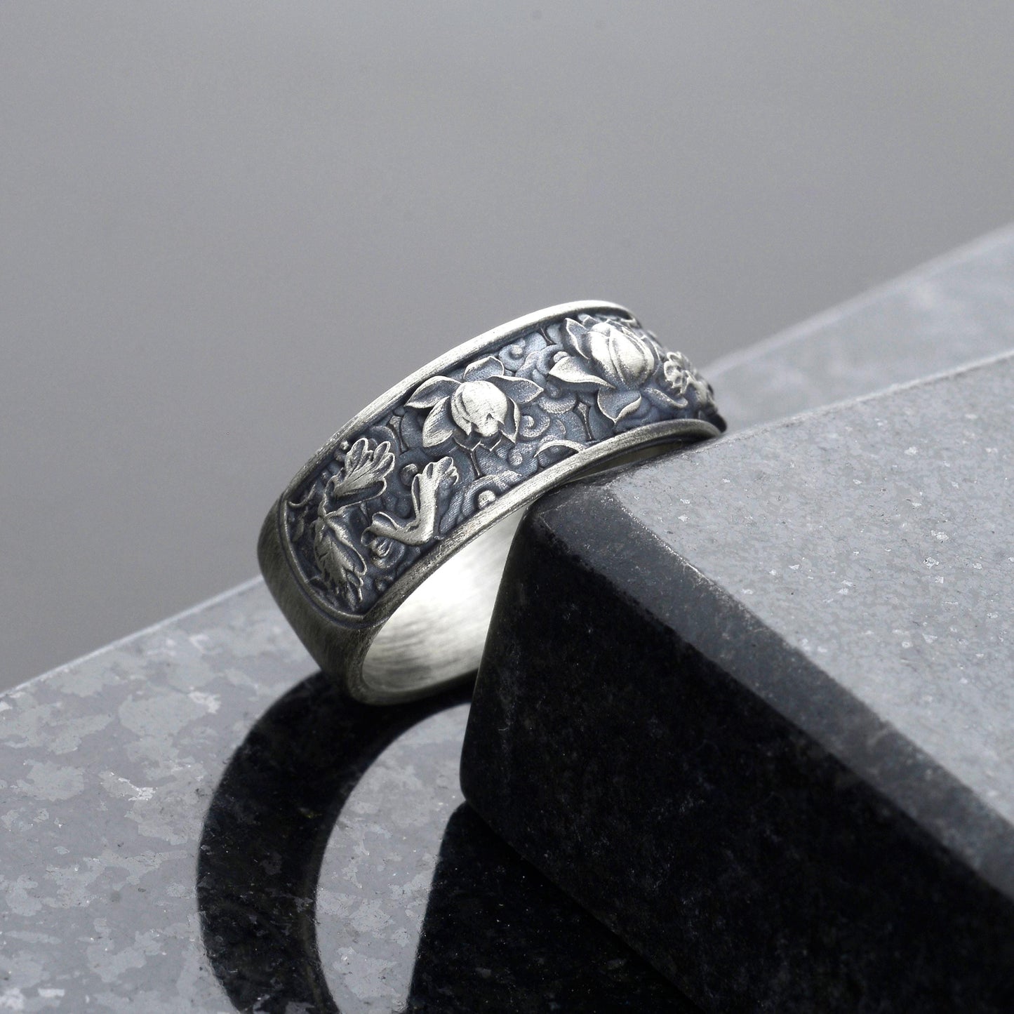 Sterling Silver Plated Lotus Ring, Botanic Floral Band