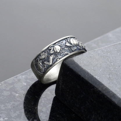 Sterling Silver Plated Lotus Ring, Botanic Floral Band
