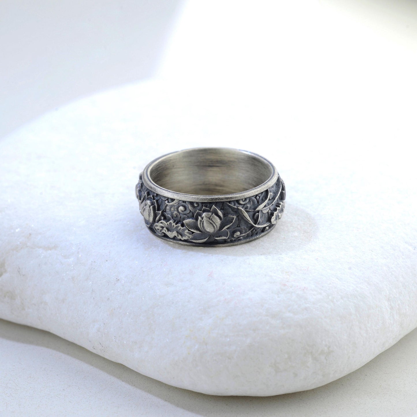 Sterling Silver Plated Lotus Ring, Botanic Floral Band