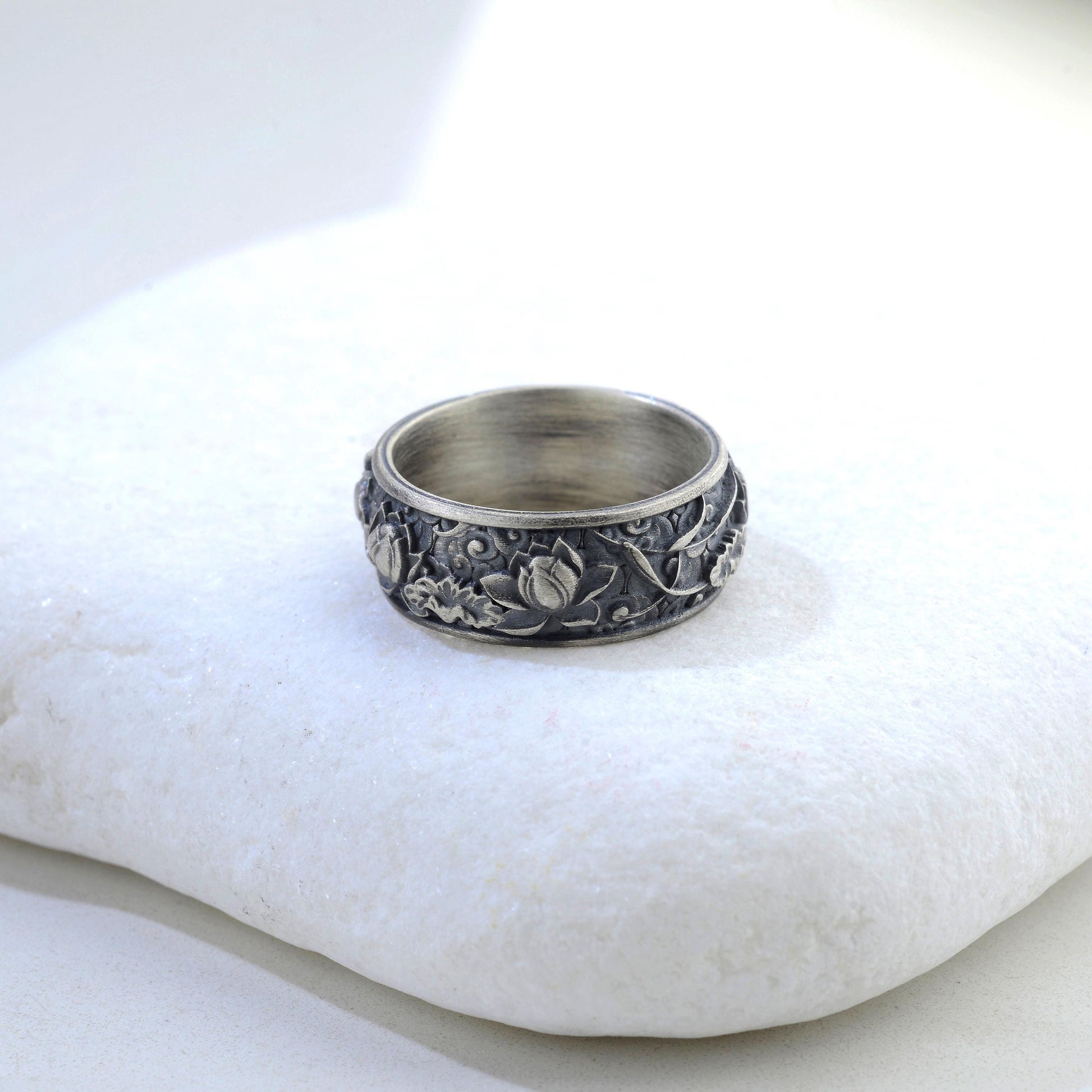 Sterling Silver Plated Lotus Ring, Botanic Floral Band