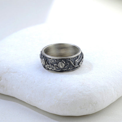 Sterling Silver Plated Lotus Ring, Botanic Floral Band