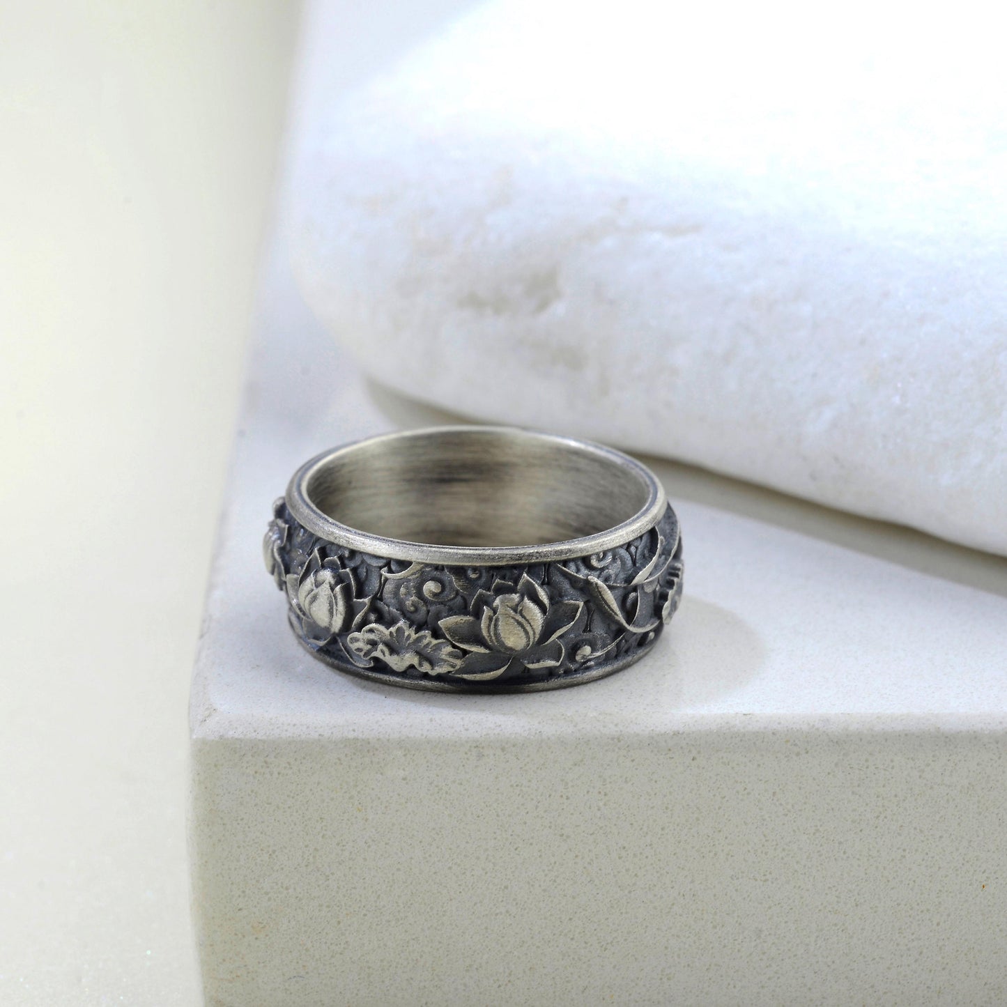 Sterling Silver Plated Lotus Ring, Botanic Floral Band