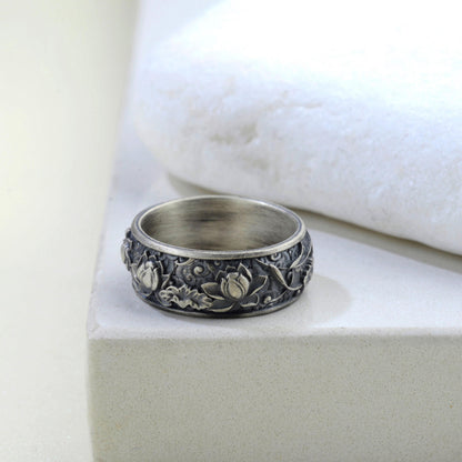 Sterling Silver Plated Lotus Ring, Botanic Floral Band