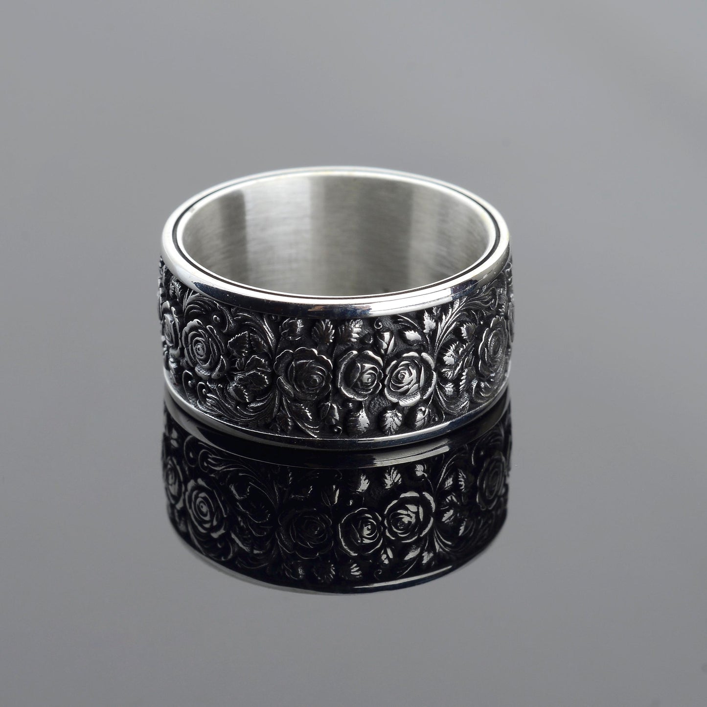 Sterling Silver Rose Ring, Floral Engraved Band, Oxidized Silver Jewelry