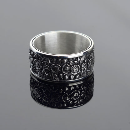 Sterling Silver Rose Ring, Floral Engraved Band, Oxidized Silver Jewelry