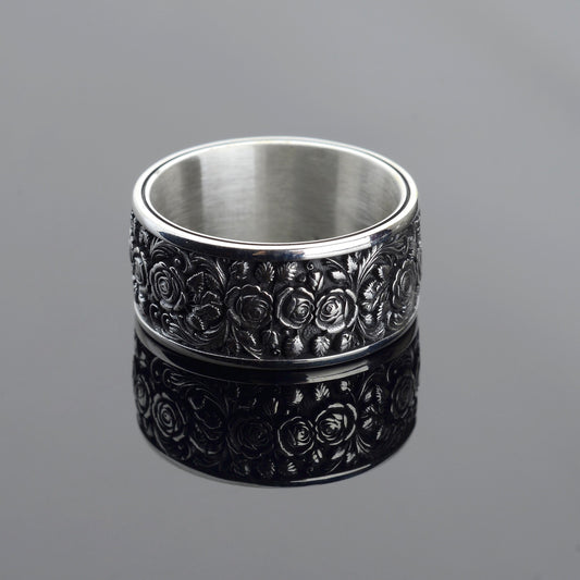 Sterling Silver Rose Ring, Floral Engraved Band, Oxidized Silver Jewelry