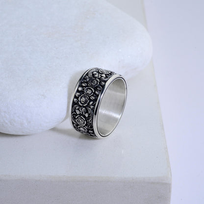 Sterling Silver Rose Ring, Floral Engraved Band, Oxidized Silver Jewelry