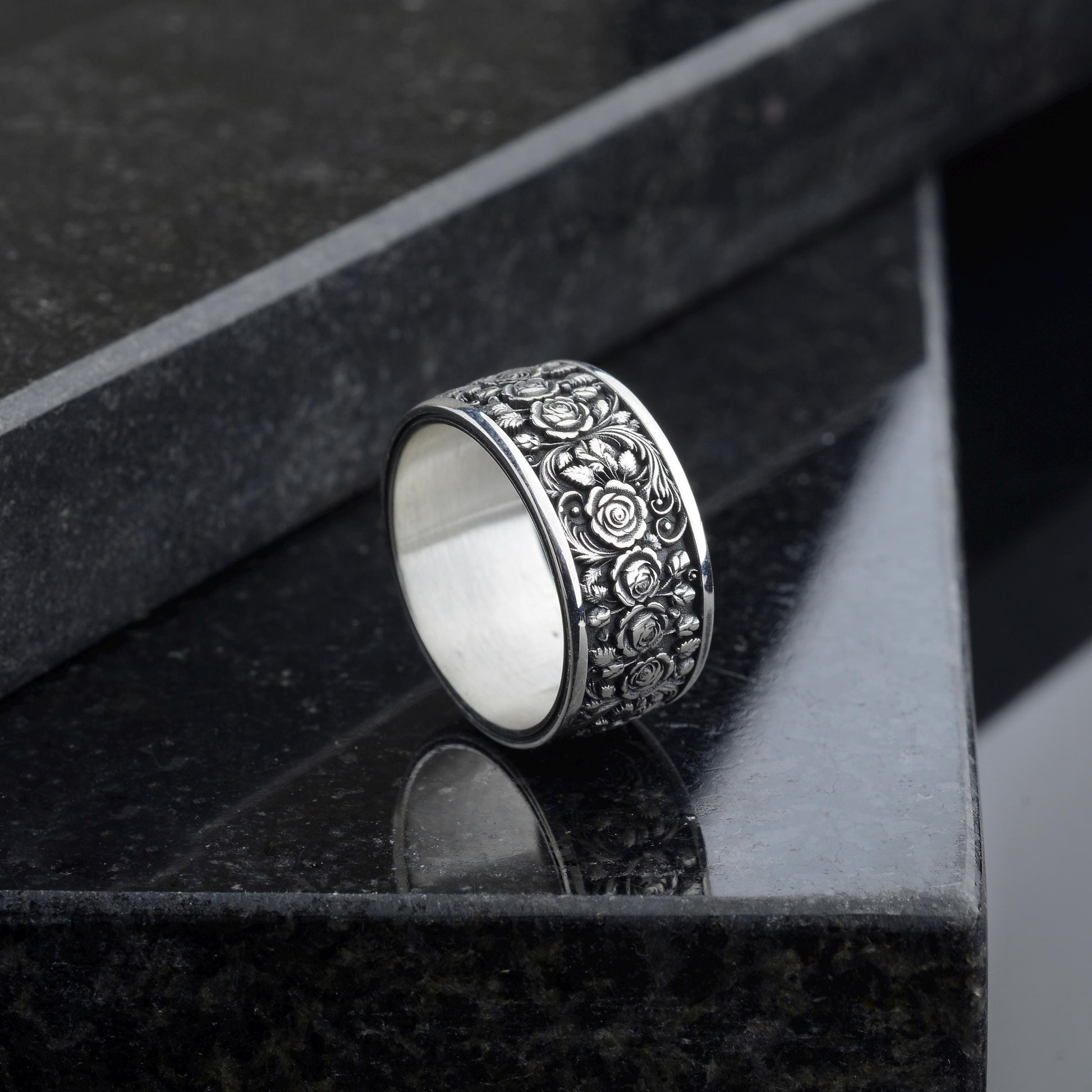 Sterling Silver Rose Ring, Floral Engraved Band, Oxidized Silver Jewelry