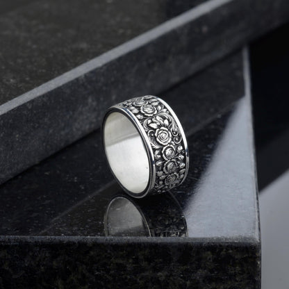 Sterling Silver Rose Ring, Floral Engraved Band, Oxidized Silver Jewelry
