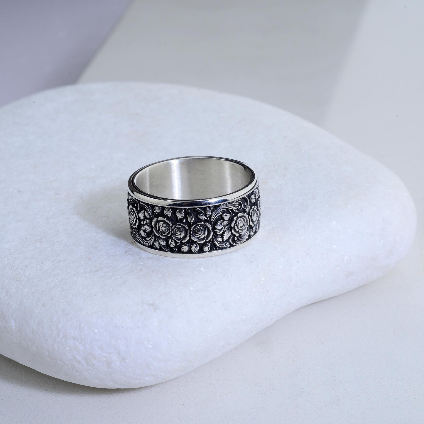Sterling Silver Rose Ring, Floral Engraved Band, Oxidized Silver Jewelry