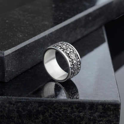 Sterling Silver Rose Ring, Floral Engraved Band, Oxidized Silver Jewelry