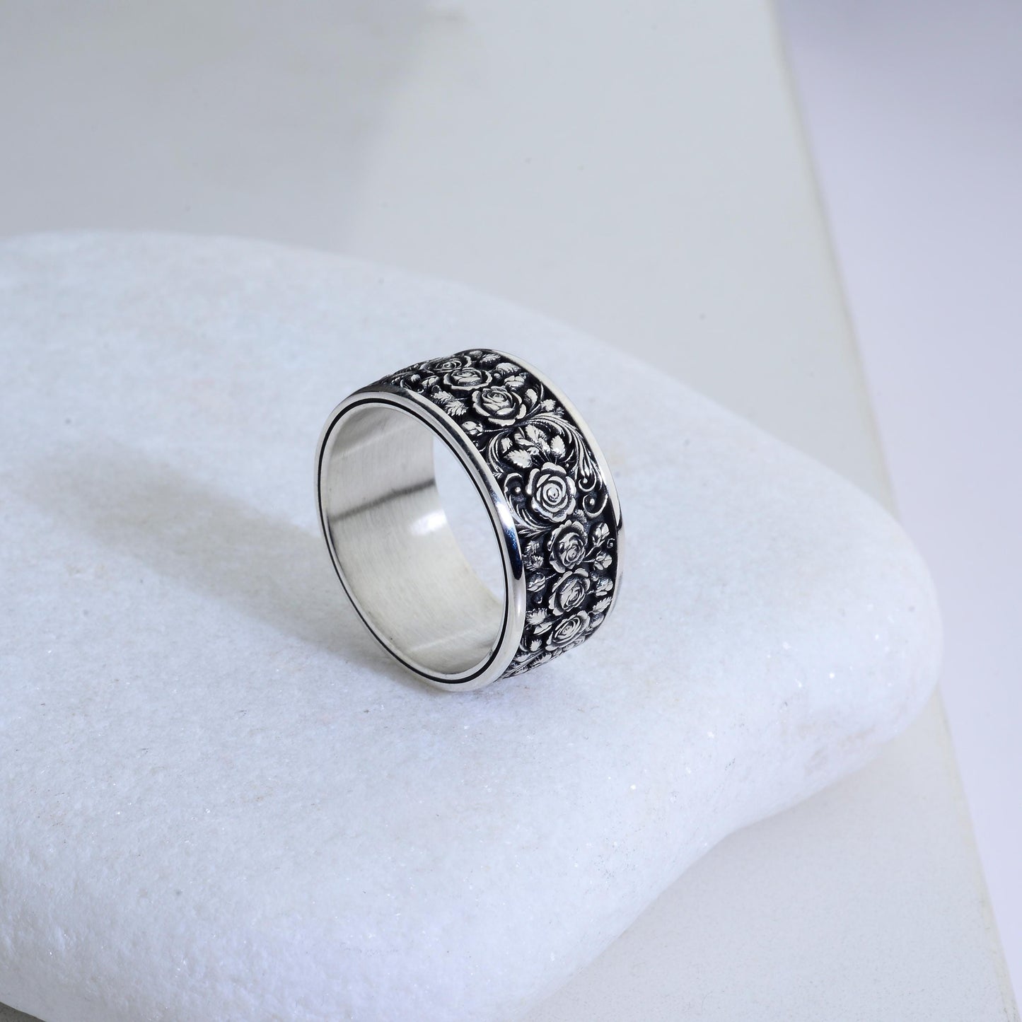 Sterling Silver Rose Ring, Floral Engraved Band, Oxidized Silver Jewelry