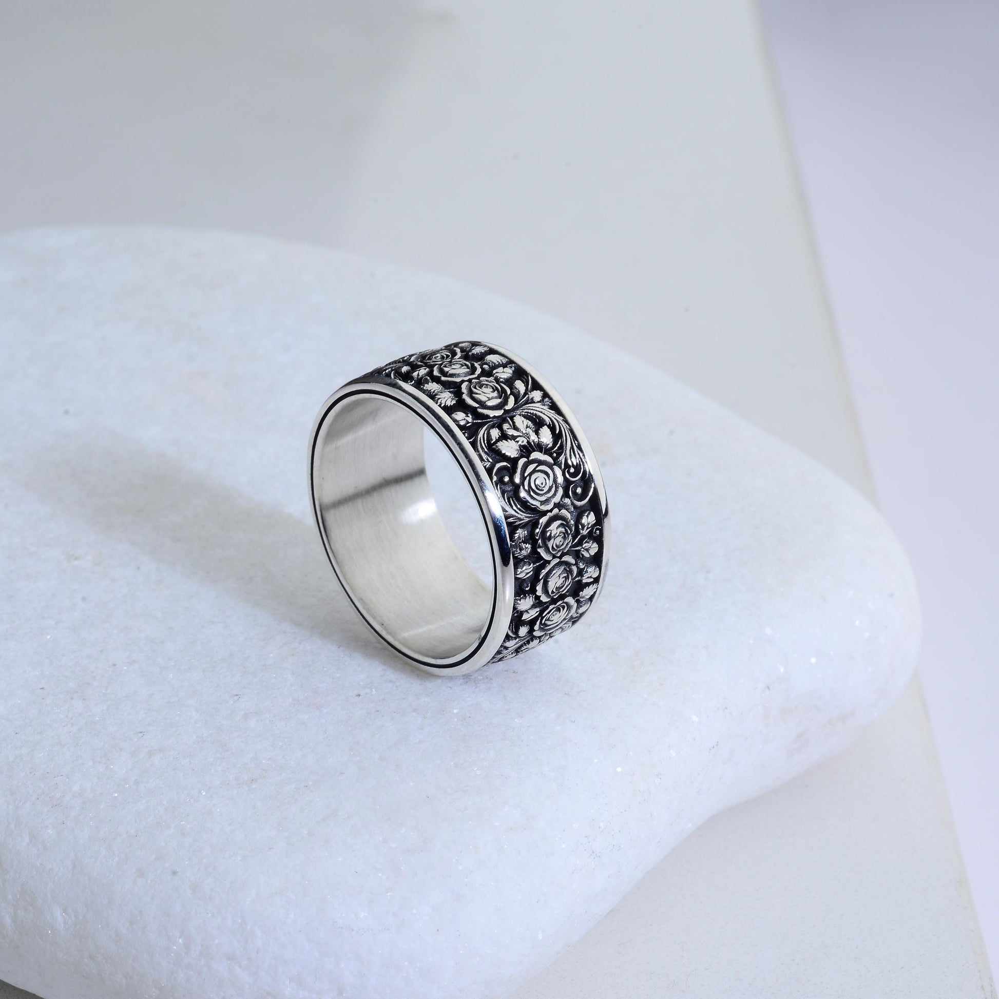 Sterling Silver Rose Ring, Floral Engraved Band, Oxidized Silver Jewelry
