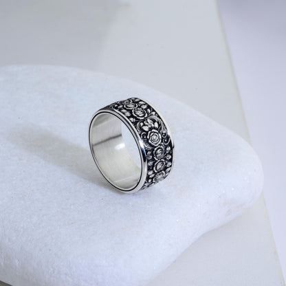 Sterling Silver Rose Ring, Floral Engraved Band, Oxidized Silver Jewelry
