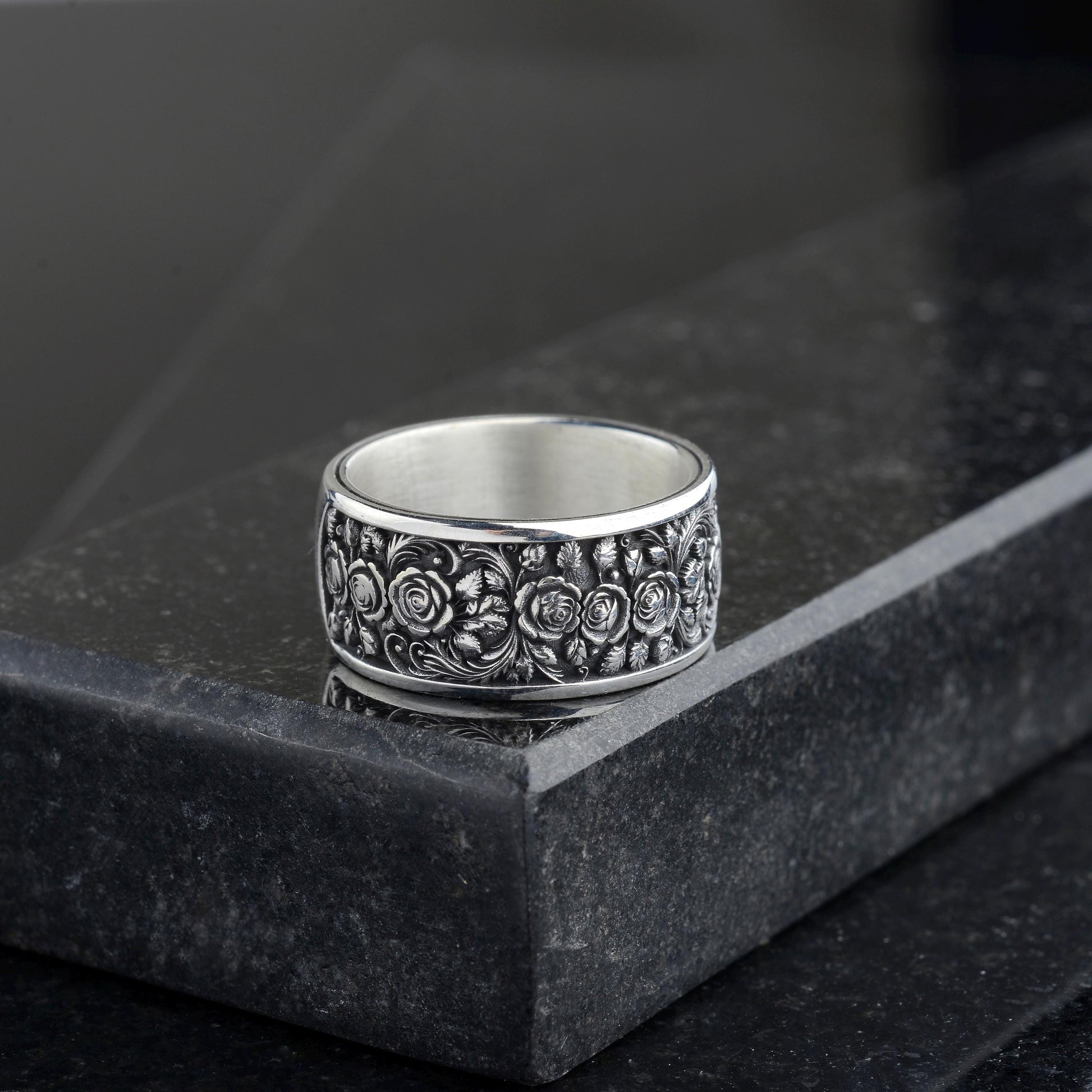 Sterling Silver Rose Ring, Floral Engraved Band, Oxidized Silver Jewelry