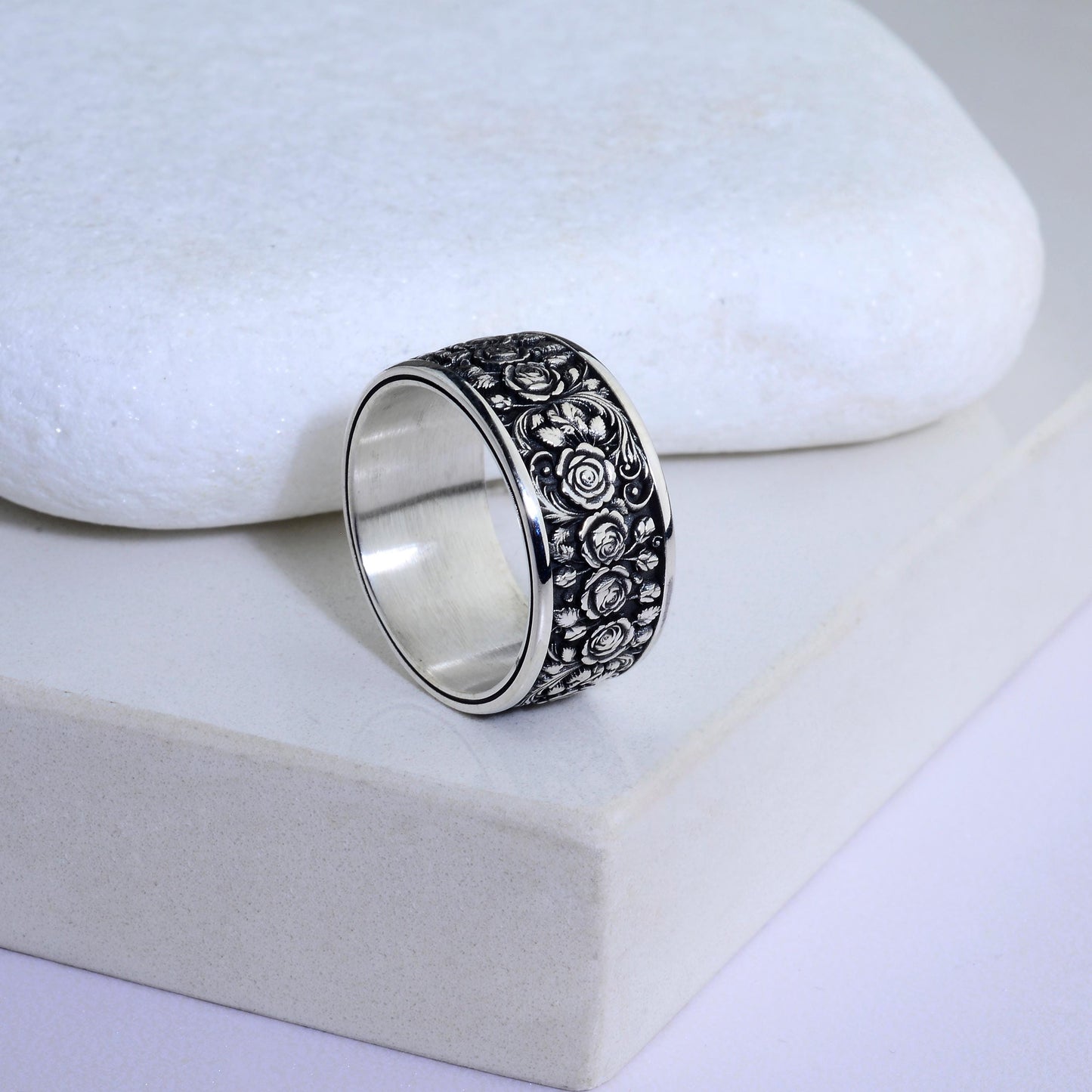 Sterling Silver Rose Ring, Floral Engraved Band, Oxidized Silver Jewelry