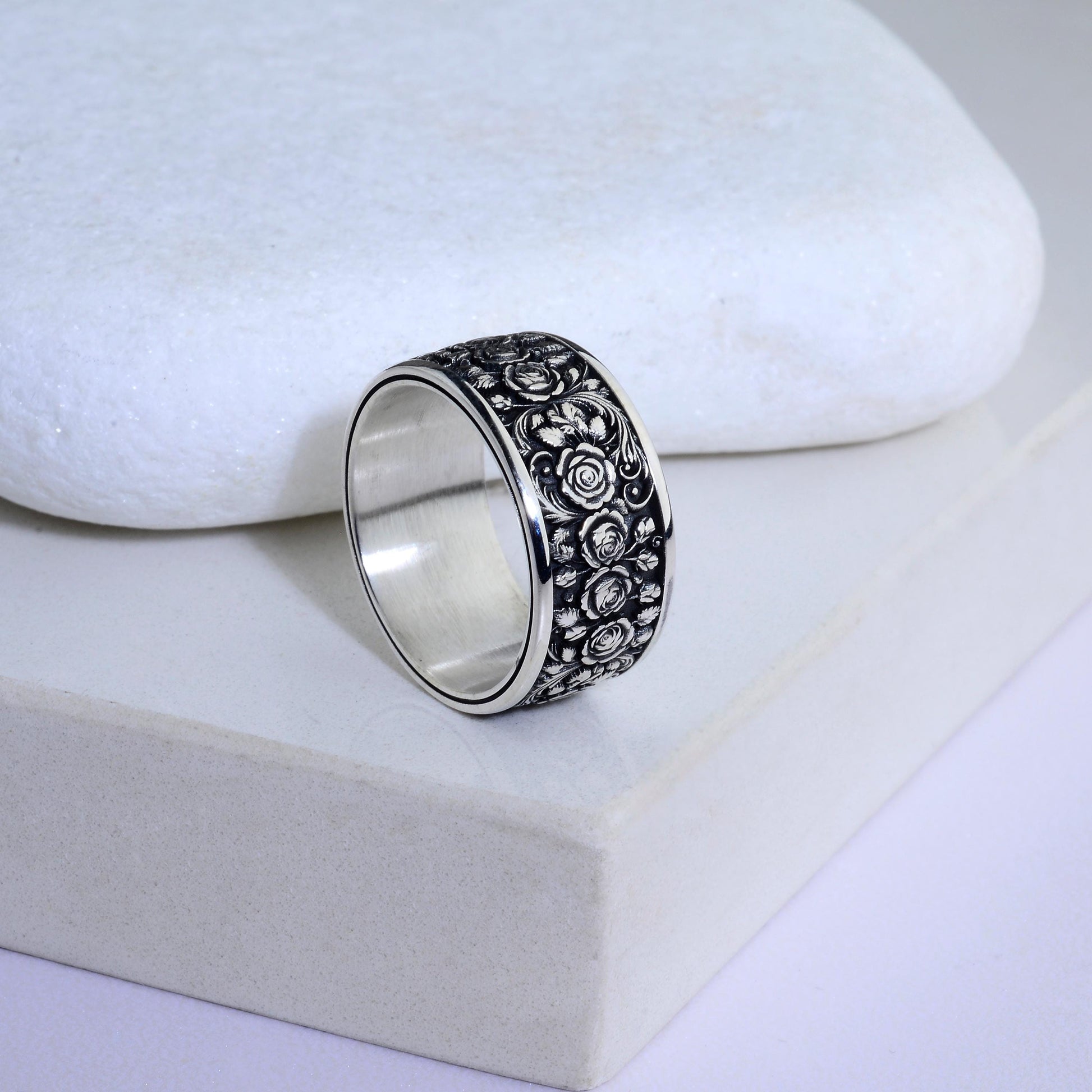 Sterling Silver Rose Ring, Floral Engraved Band, Oxidized Silver Jewelry