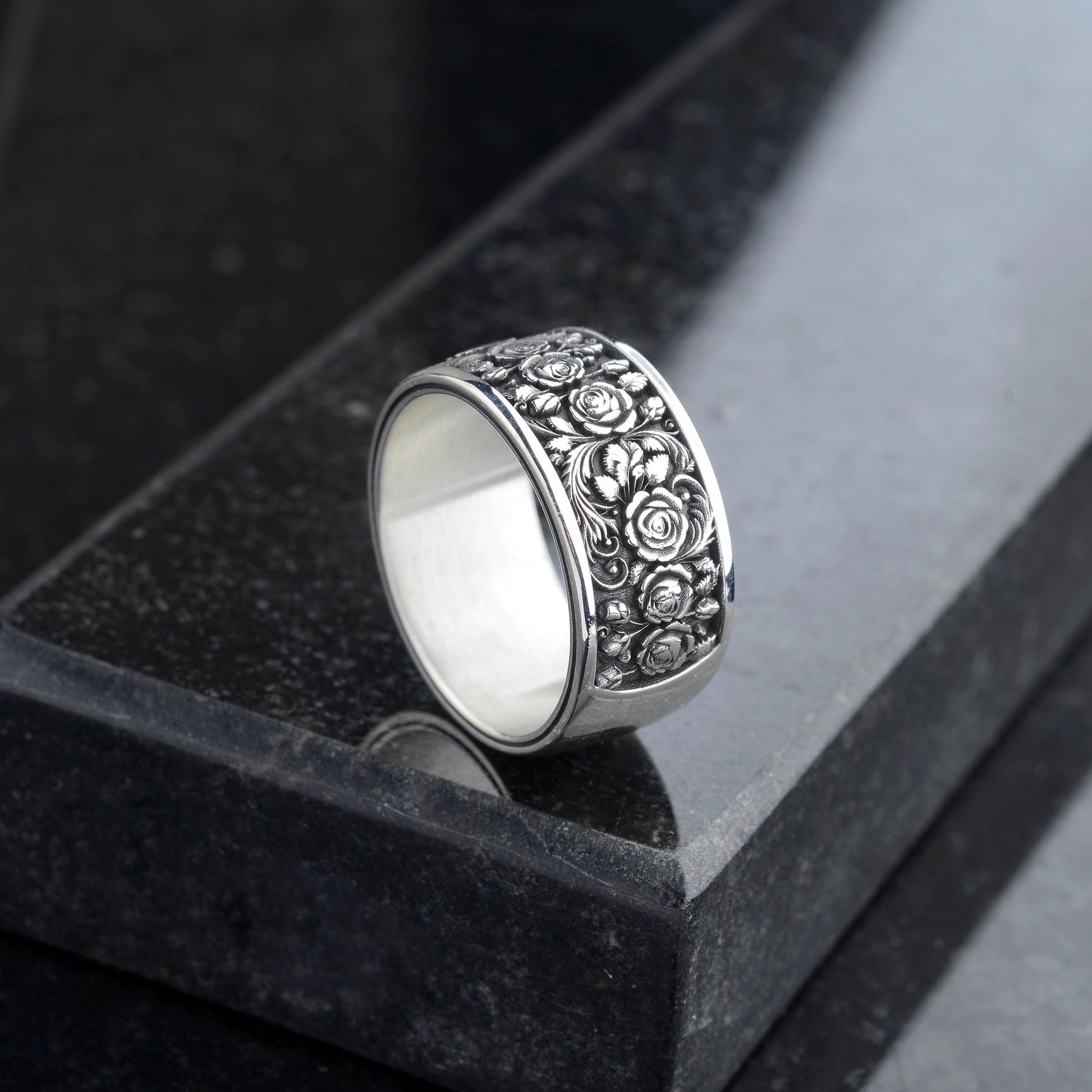 Sterling Silver Rose Ring, Floral Engraved Band, Oxidized Silver Jewelry
