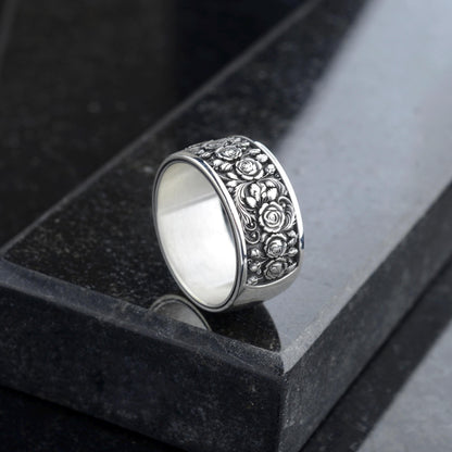 Sterling Silver Rose Ring, Floral Engraved Band, Oxidized Silver Jewelry
