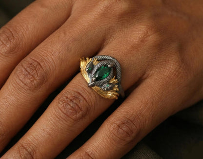Sterling Silver Serpent Ring, Emerald Gemstone, Fantasy Jewelry