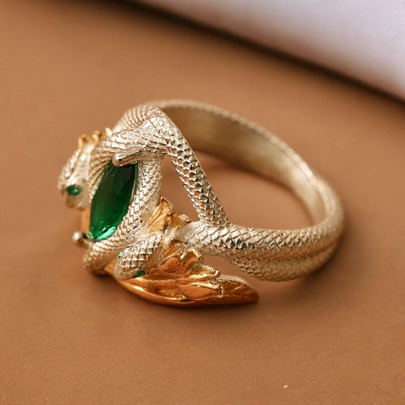 Sterling Silver Serpent Ring, Emerald Gemstone, Fantasy Jewelry