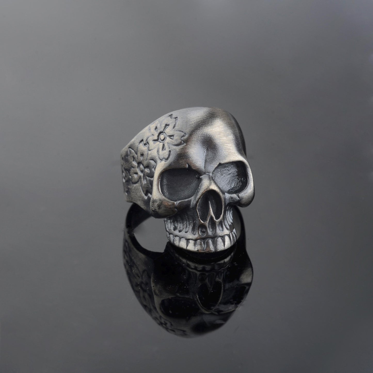 Sterling Silver Skull Ring, Carved Flowers, Biker Jewelry