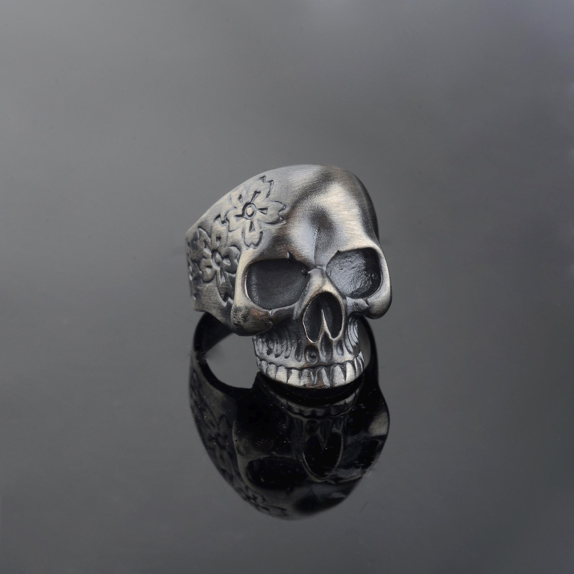 Sterling Silver Skull Ring, Carved Flowers, Biker Jewelry