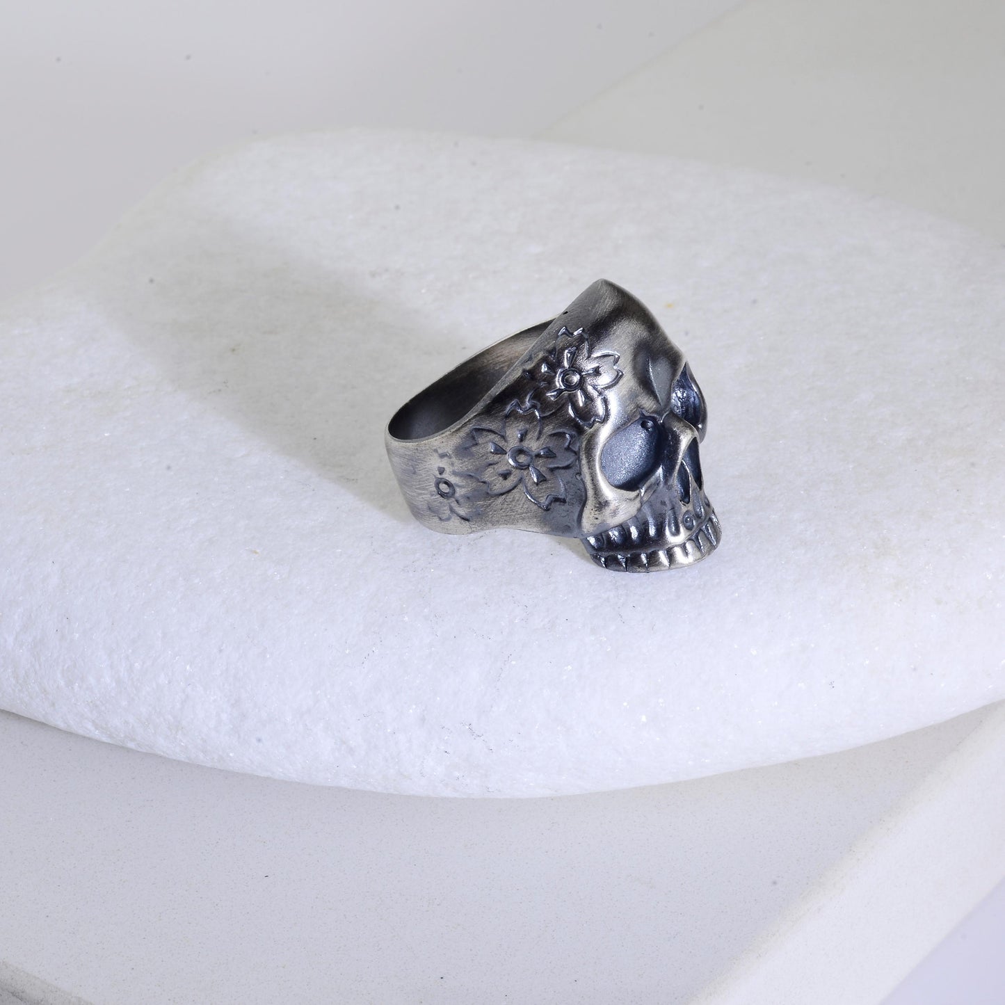 Sterling Silver Skull Ring, Carved Flowers, Biker Jewelry