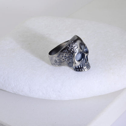 Sterling Silver Skull Ring, Carved Flowers, Biker Jewelry