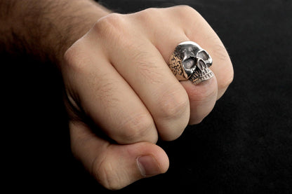 Sterling Silver Skull Ring, Carved Flowers, Biker Jewelry