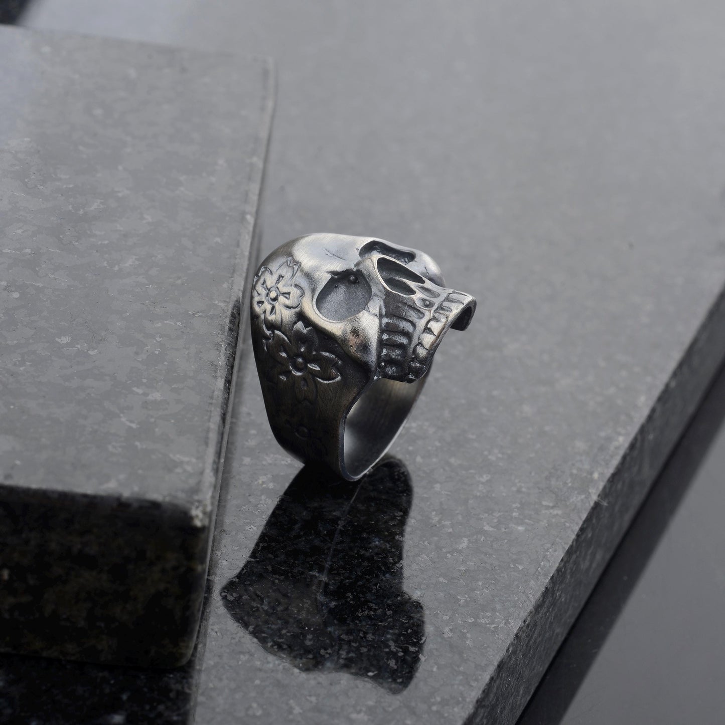Sterling Silver Skull Ring, Carved Flowers, Biker Jewelry