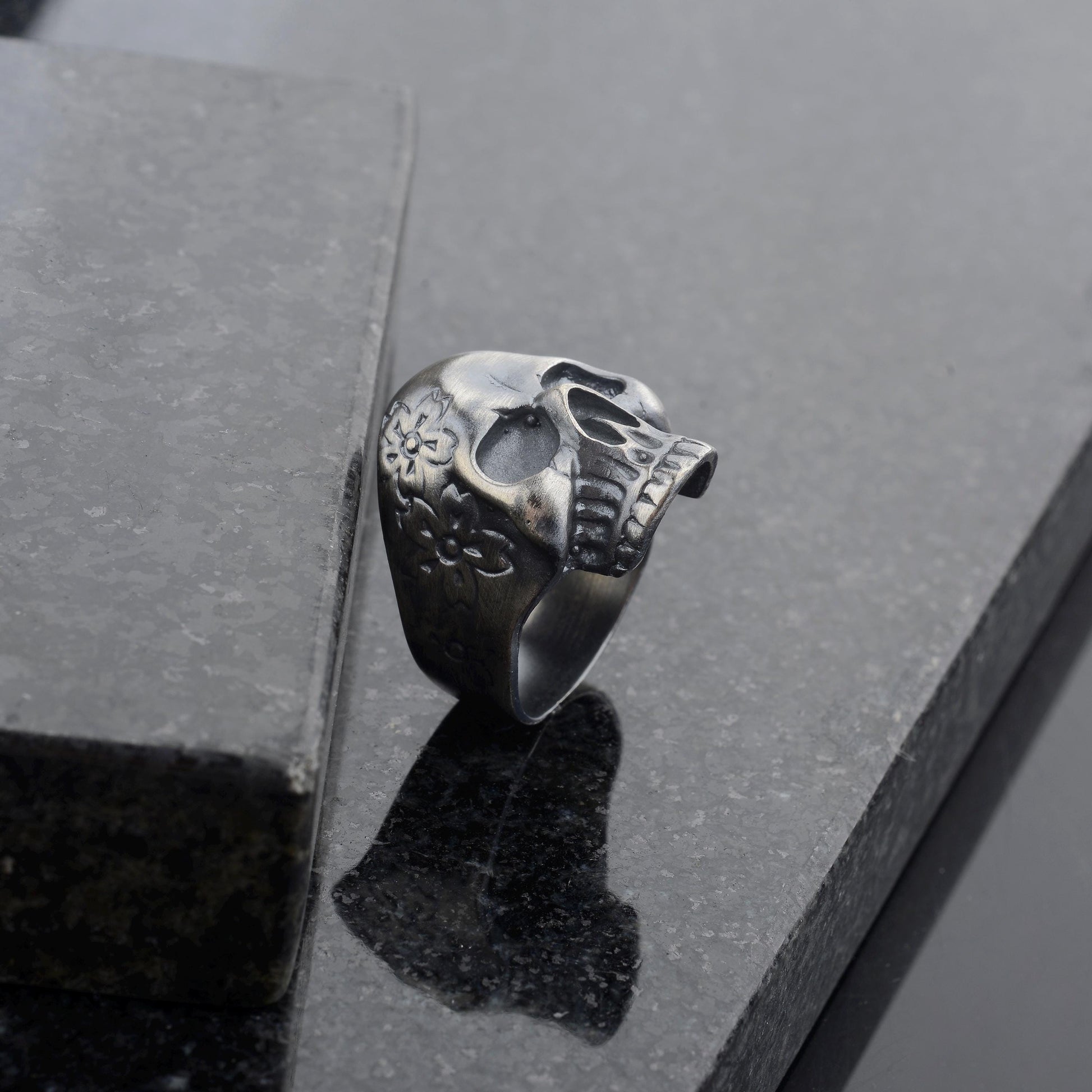 Sterling Silver Skull Ring, Carved Flowers, Biker Jewelry