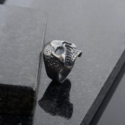 Sterling Silver Skull Ring, Carved Flowers, Biker Jewelry