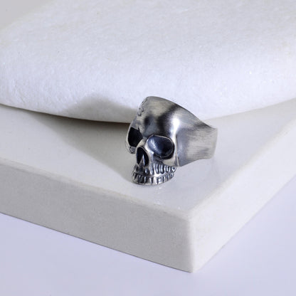 Sterling Silver Skull Ring, Carved Flowers, Biker Jewelry