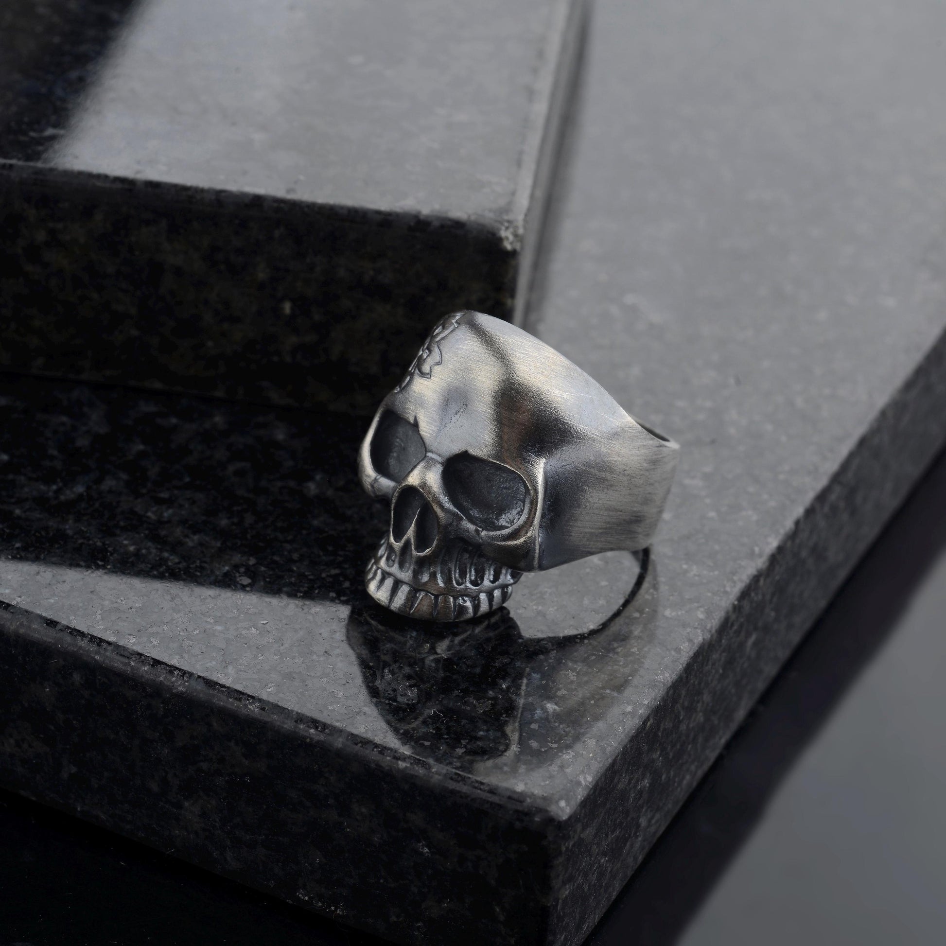 Sterling Silver Skull Ring, Carved Flowers, Biker Jewelry