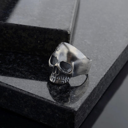 Sterling Silver Skull Ring, Carved Flowers, Biker Jewelry