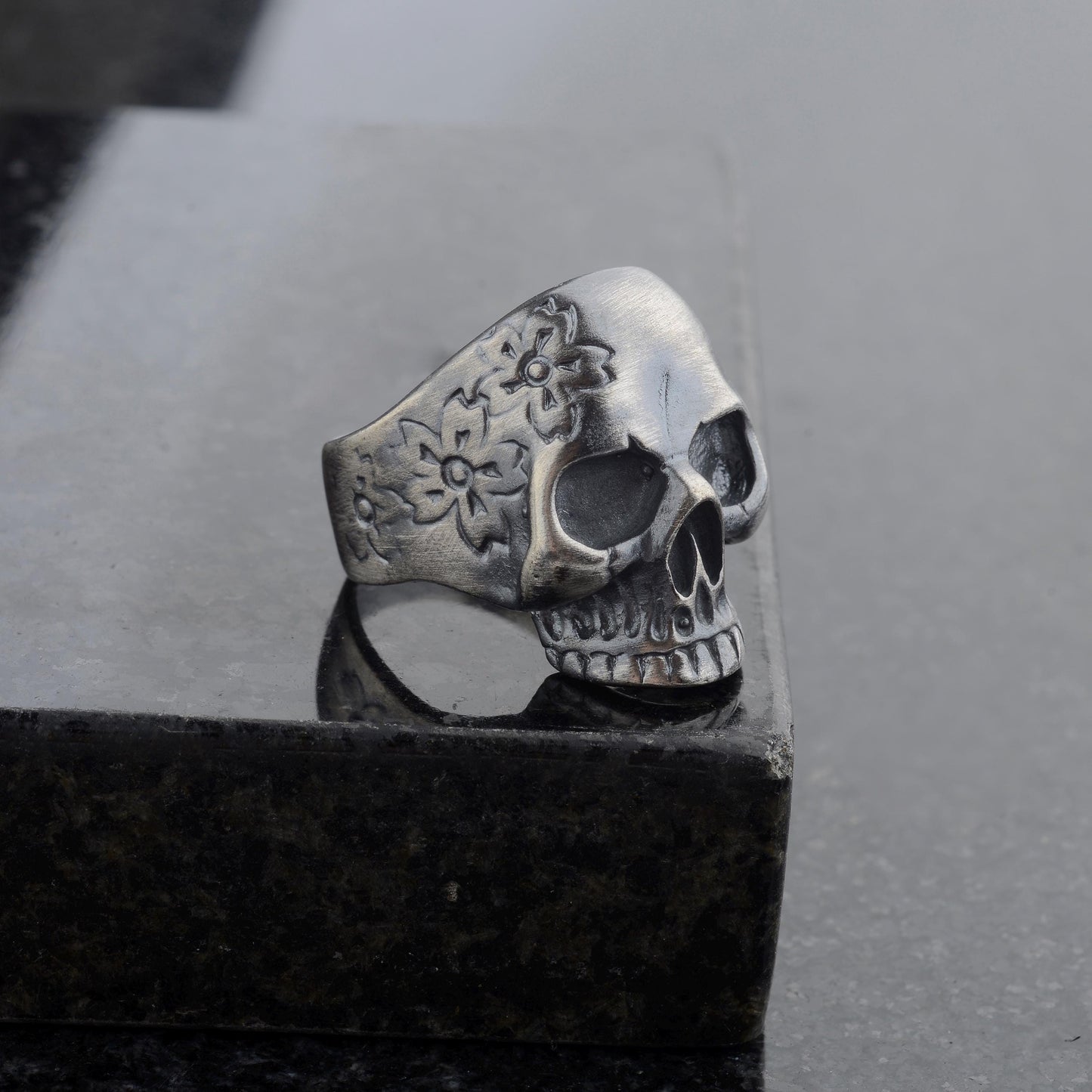Sterling Silver Skull Ring, Carved Flowers, Biker Jewelry