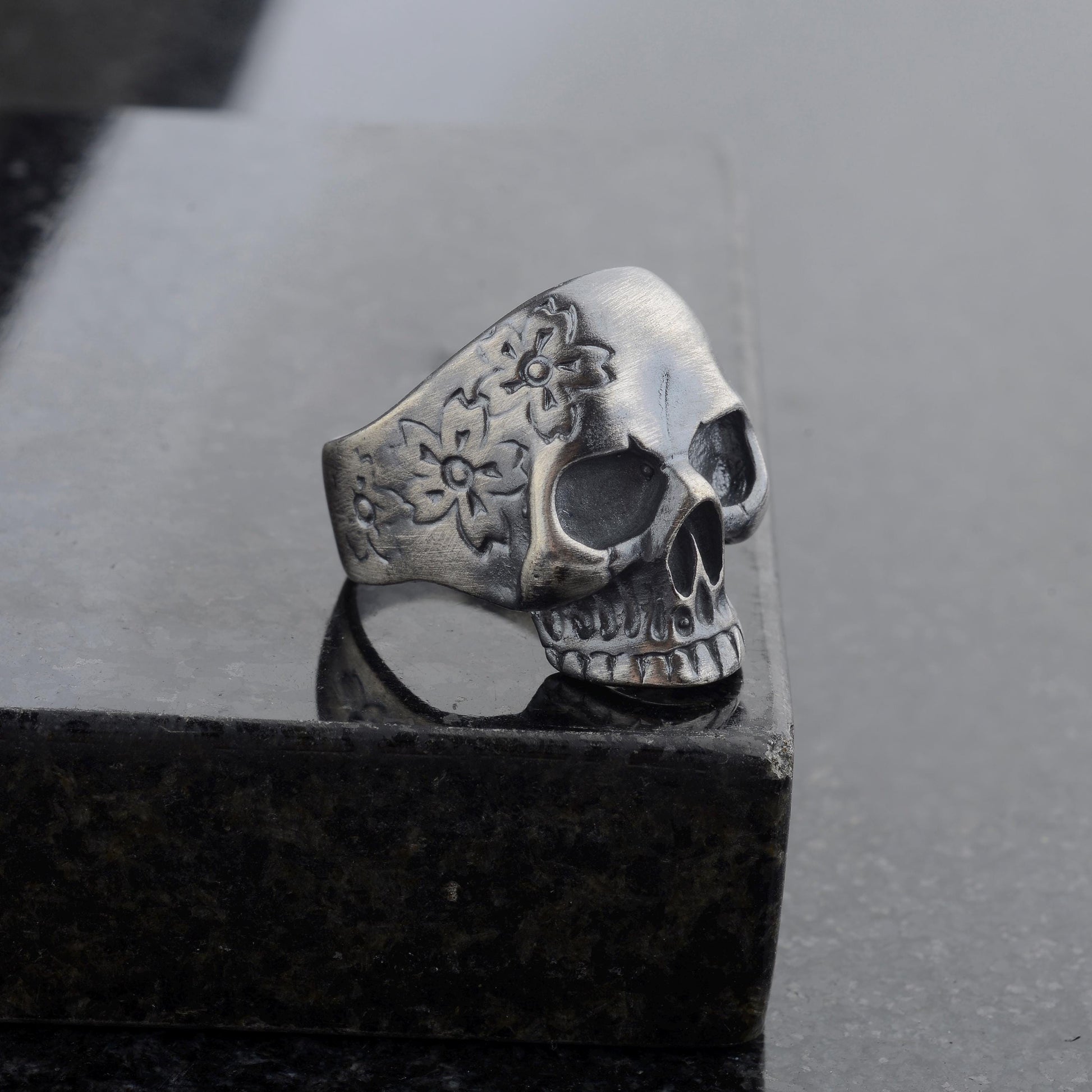 Sterling Silver Skull Ring, Carved Flowers, Biker Jewelry