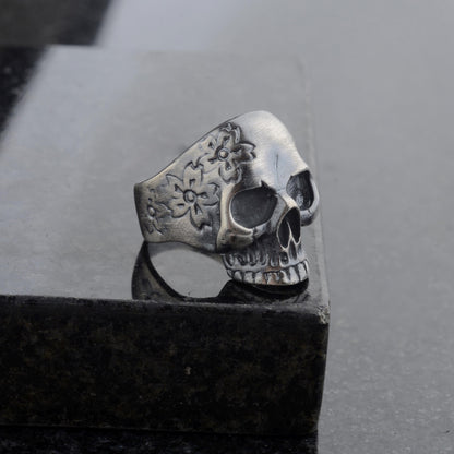 Sterling Silver Skull Ring, Carved Flowers, Biker Jewelry