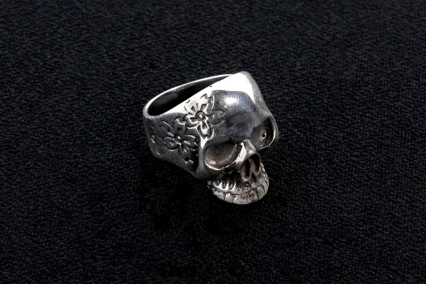 Sterling Silver Skull Ring, Carved Flowers, Biker Jewelry
