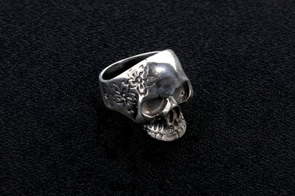 Sterling Silver Skull Ring, Carved Flowers, Biker Jewelry