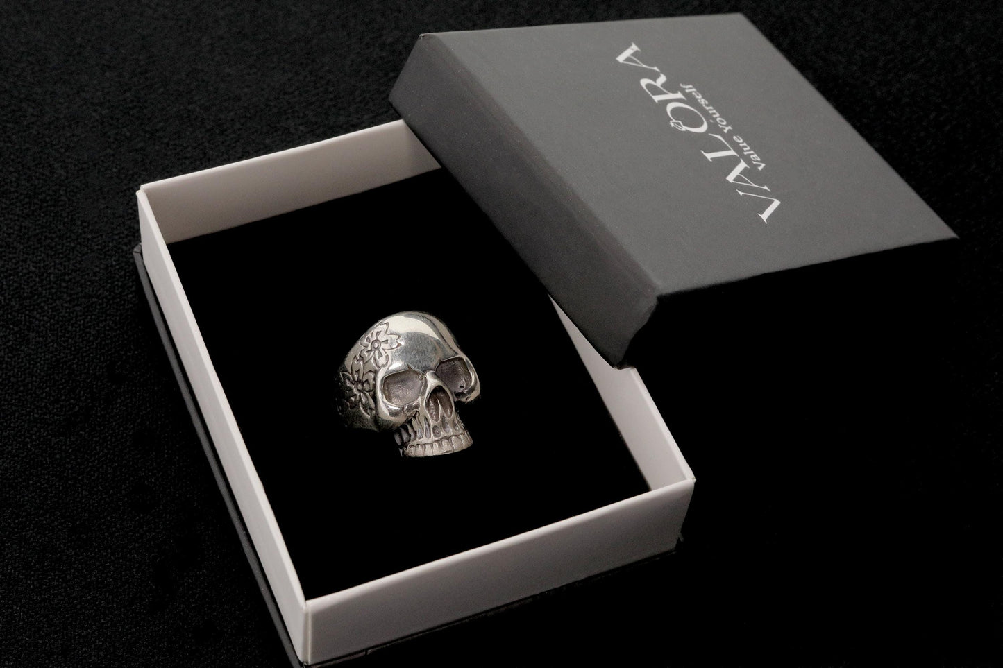 Sterling Silver Skull Ring, Carved Flowers, Biker Jewelry