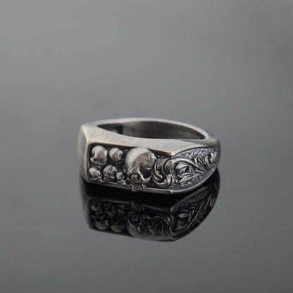 Sterling Silver Skull Ring, Engraved Biker Ring