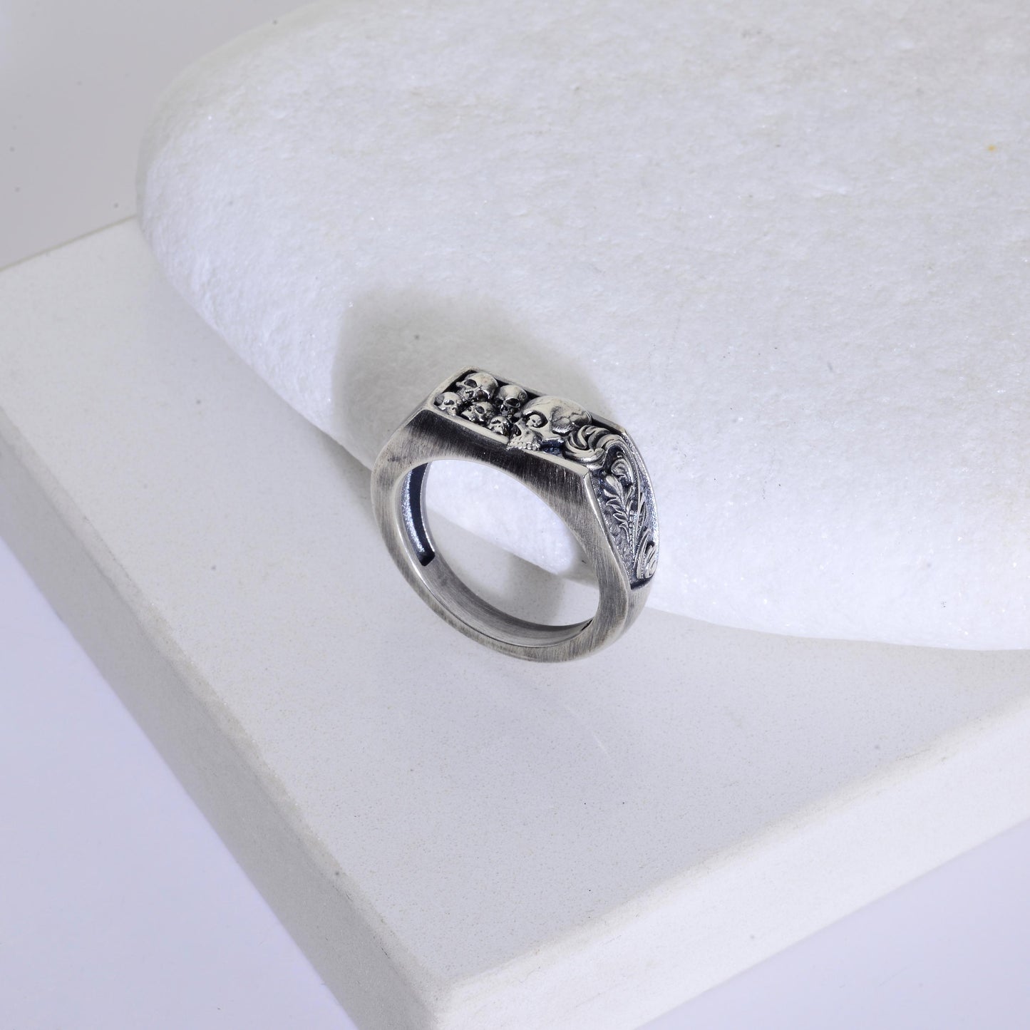 Sterling Silver Skull Ring, Engraved Biker Ring