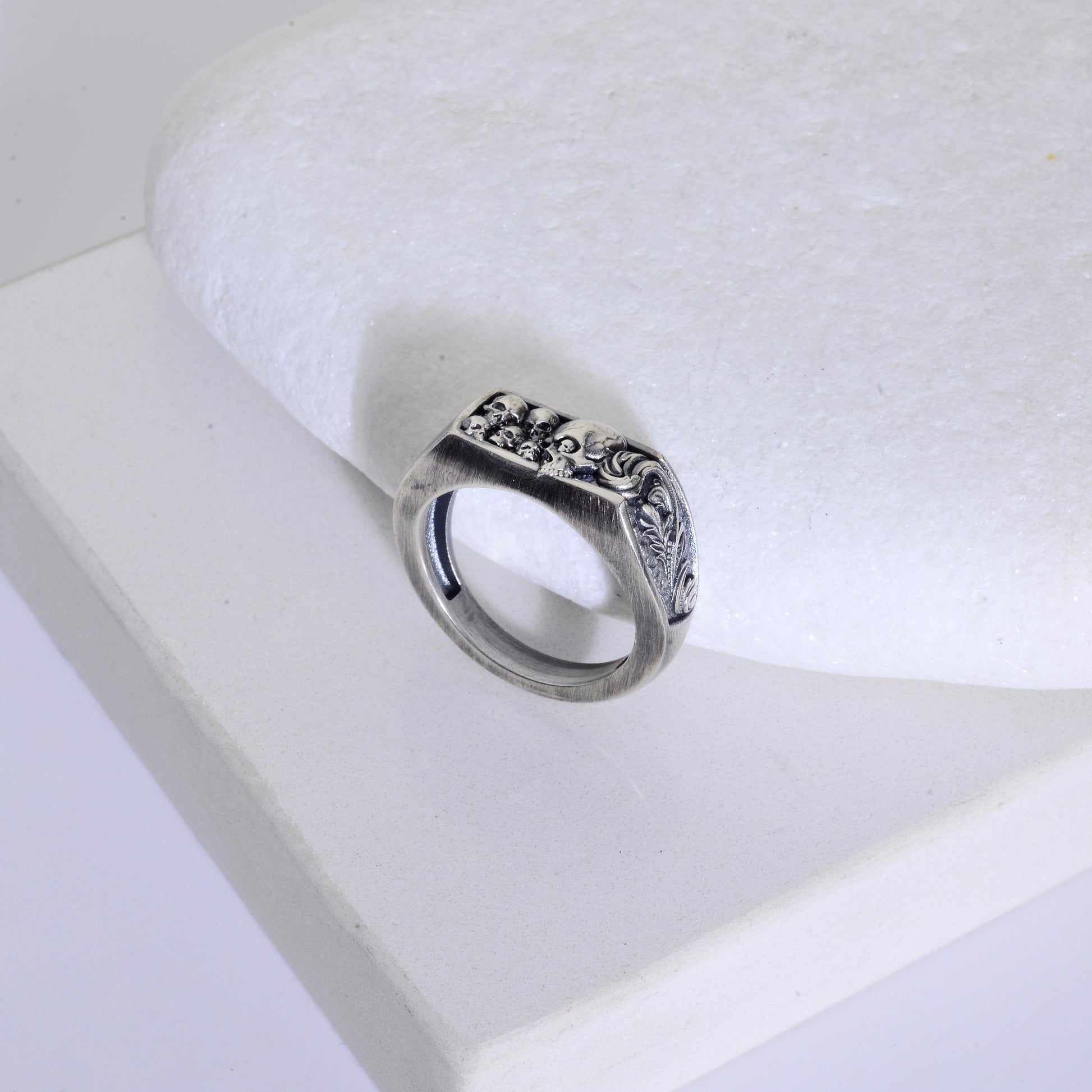 Sterling Silver Skull Ring, Engraved Biker Ring